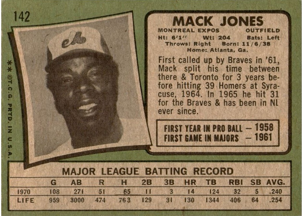 1971 Topps #142 Mack Jones card back