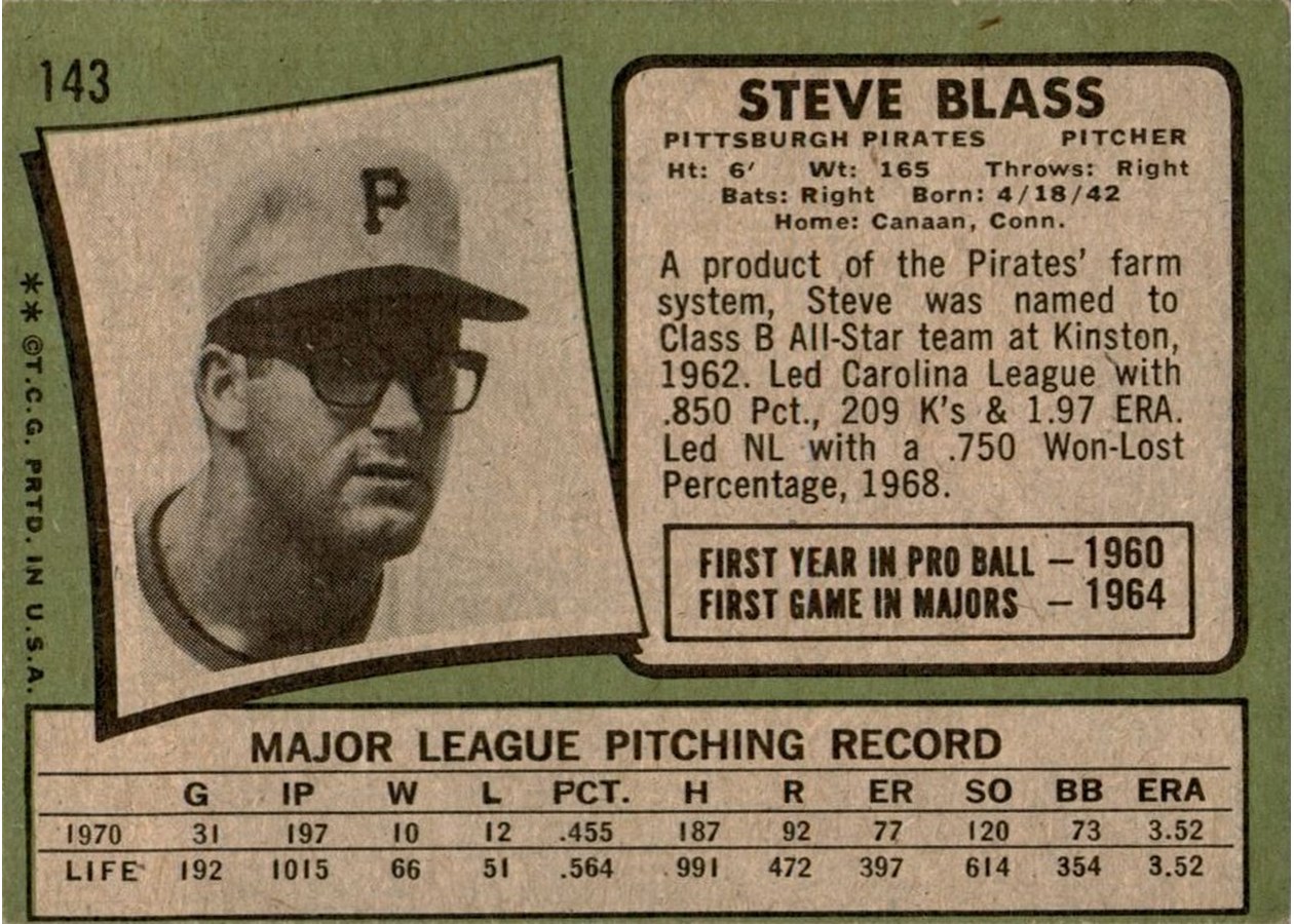 1971 Topps #143 Steve Blass card back