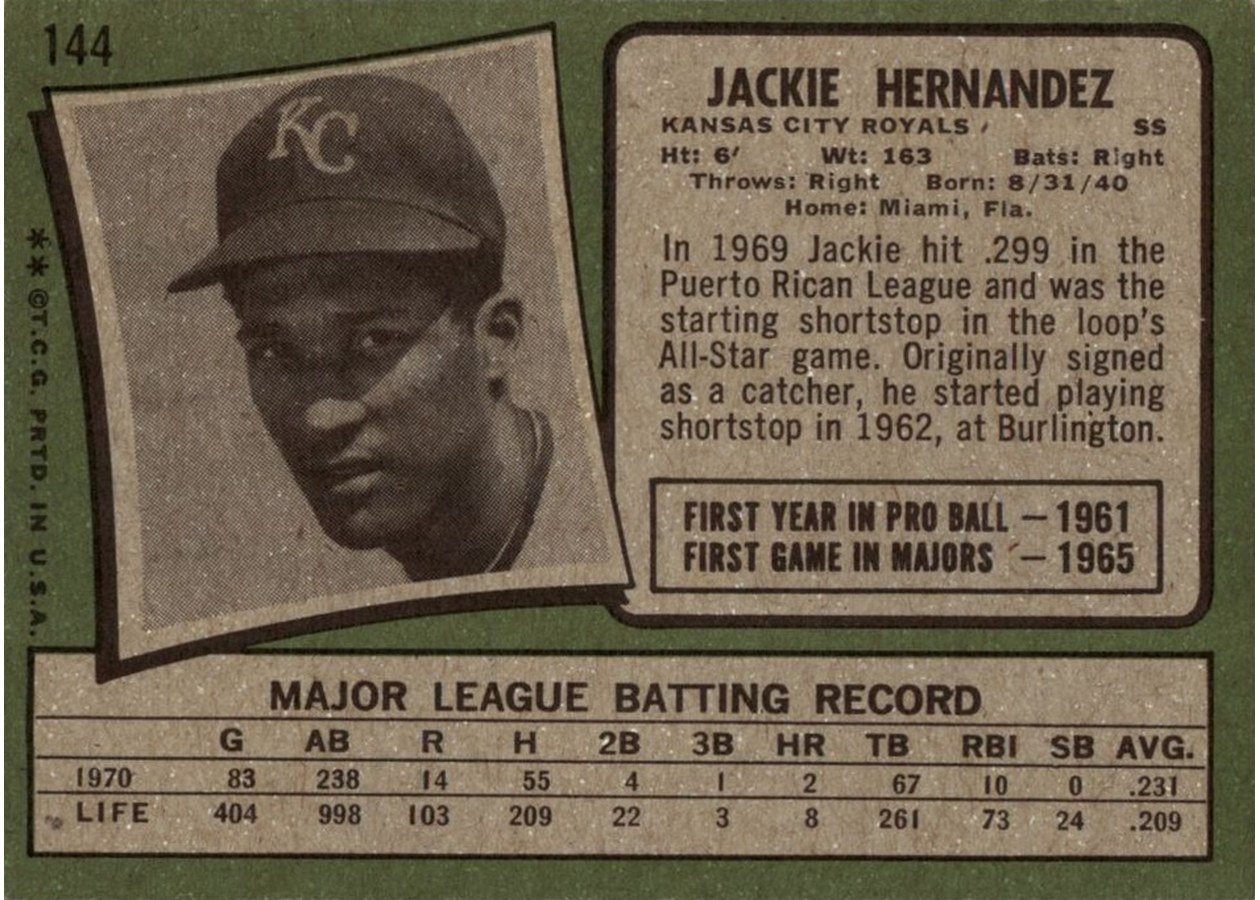 1971 Topps #144 Jackie Hernandez card back