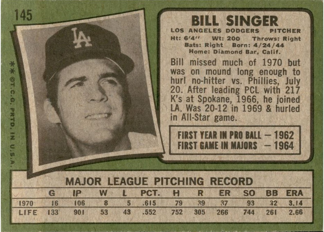 1971 Topps #145 Bill Singer card back