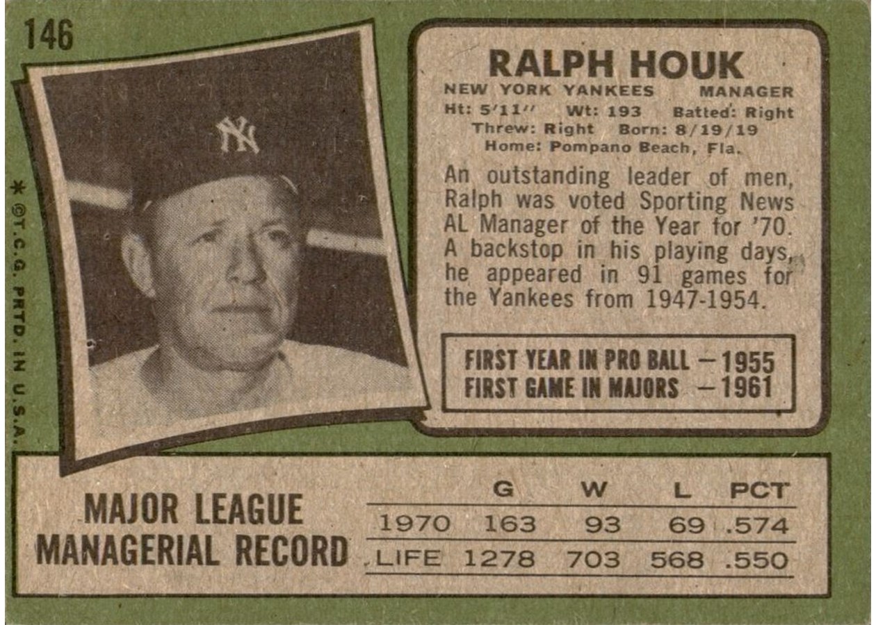 1971 Topps #146 Ralph Houk card back
