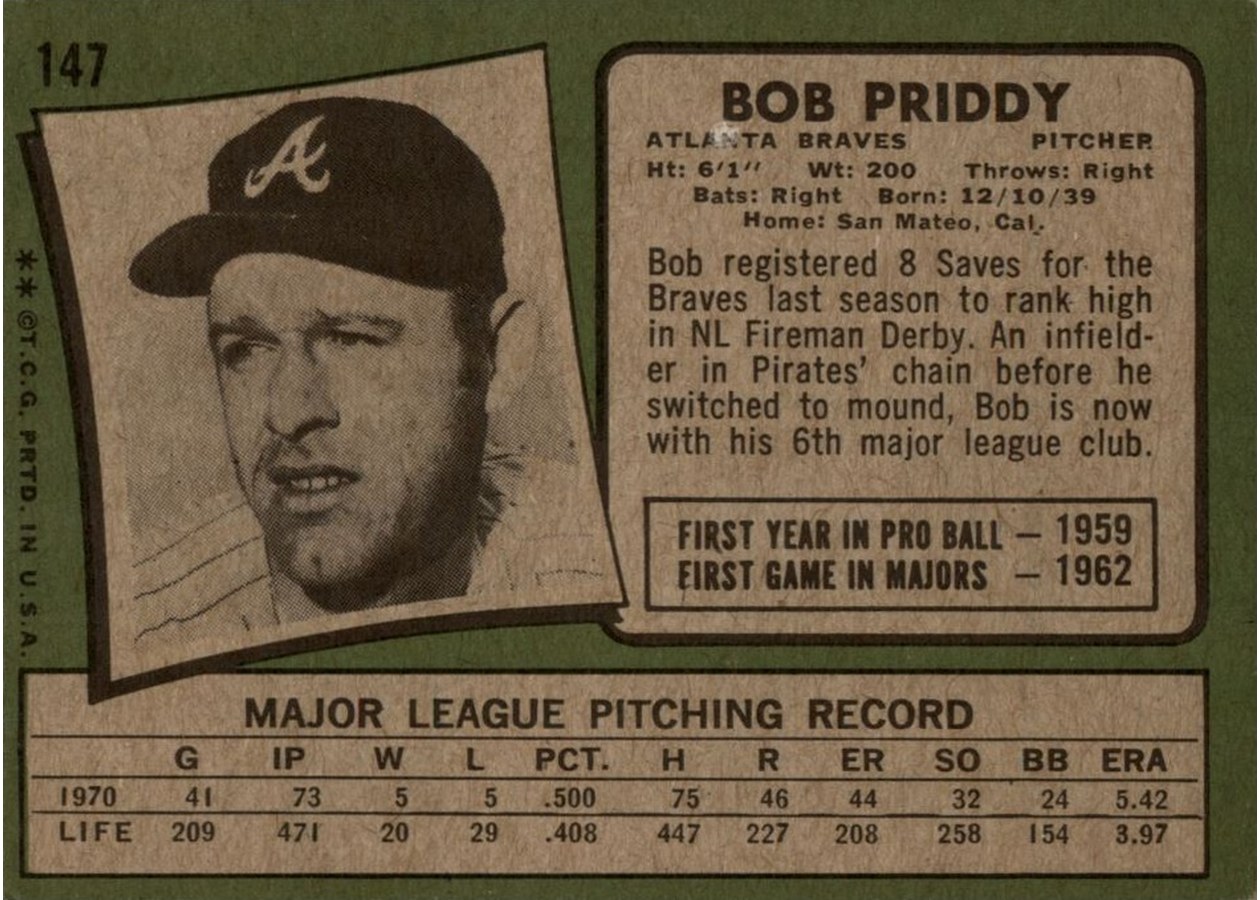 1971 Topps #147 Bob Priddy card back