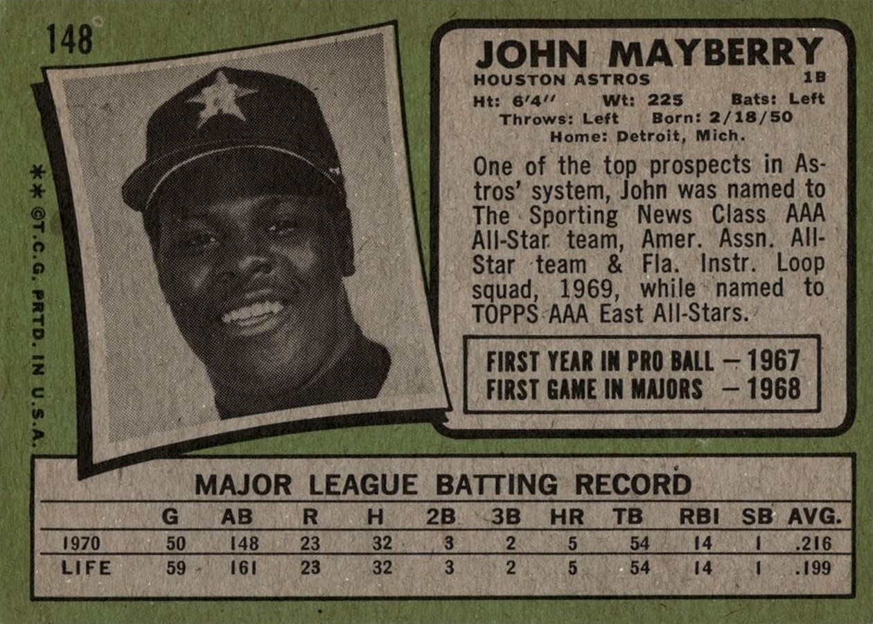 1971 Topps #148 John Mayberry card back