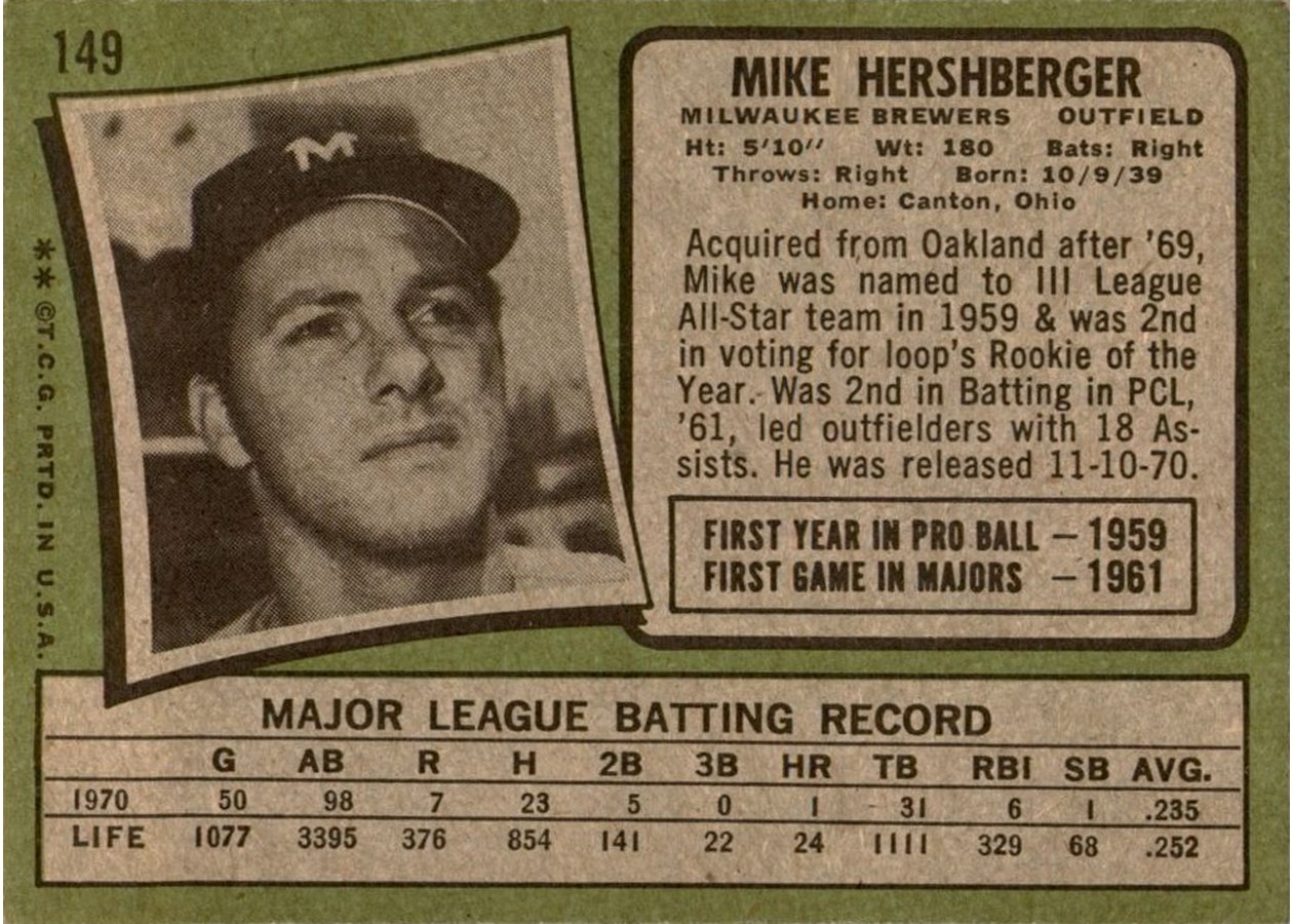 1971 Topps #149 Mike Hershberger card back
