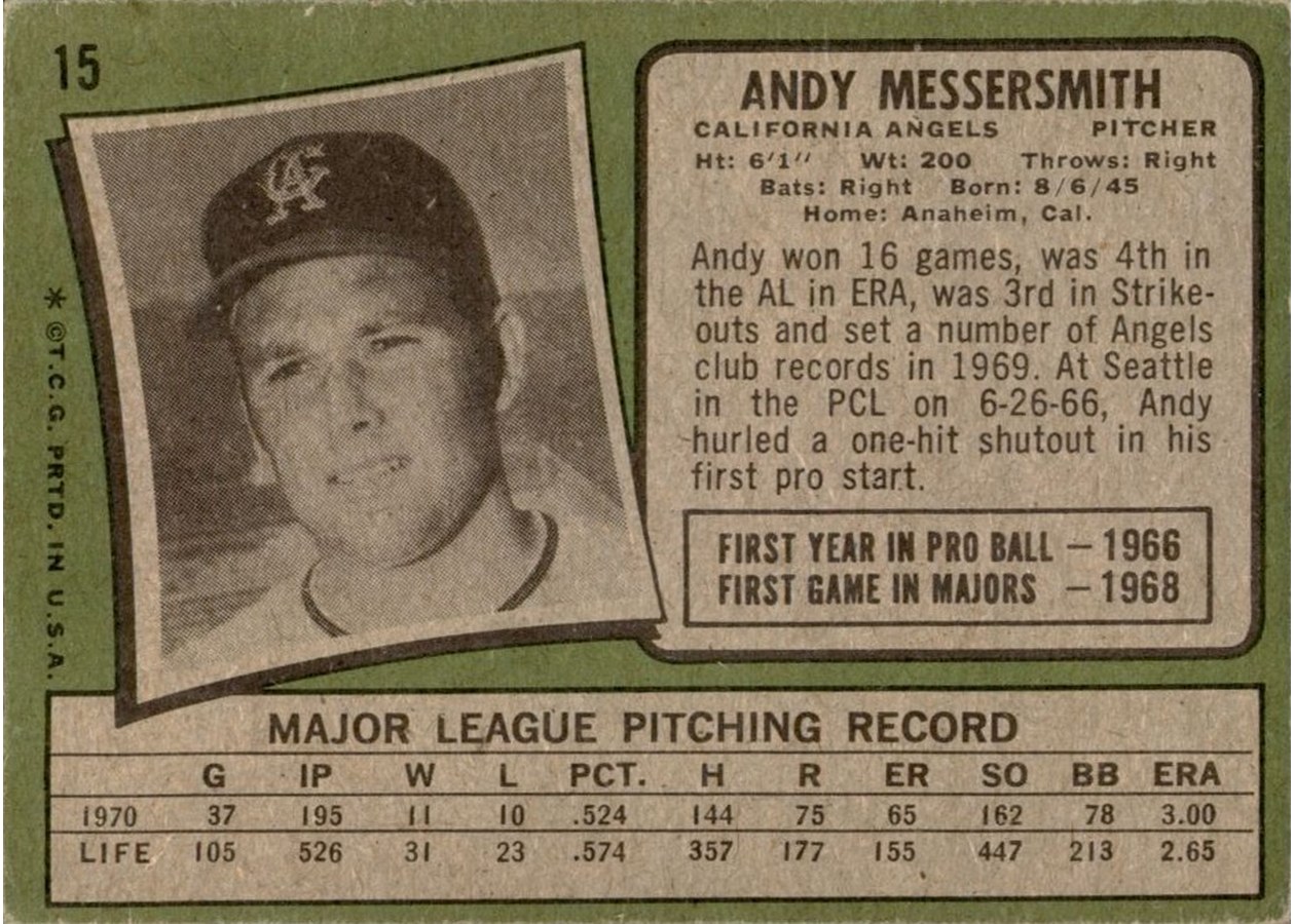 1971 Topps #15 Andy Messersmith card back