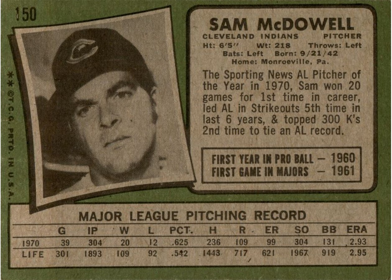 1971 Topps #150 Sam McDowell card back