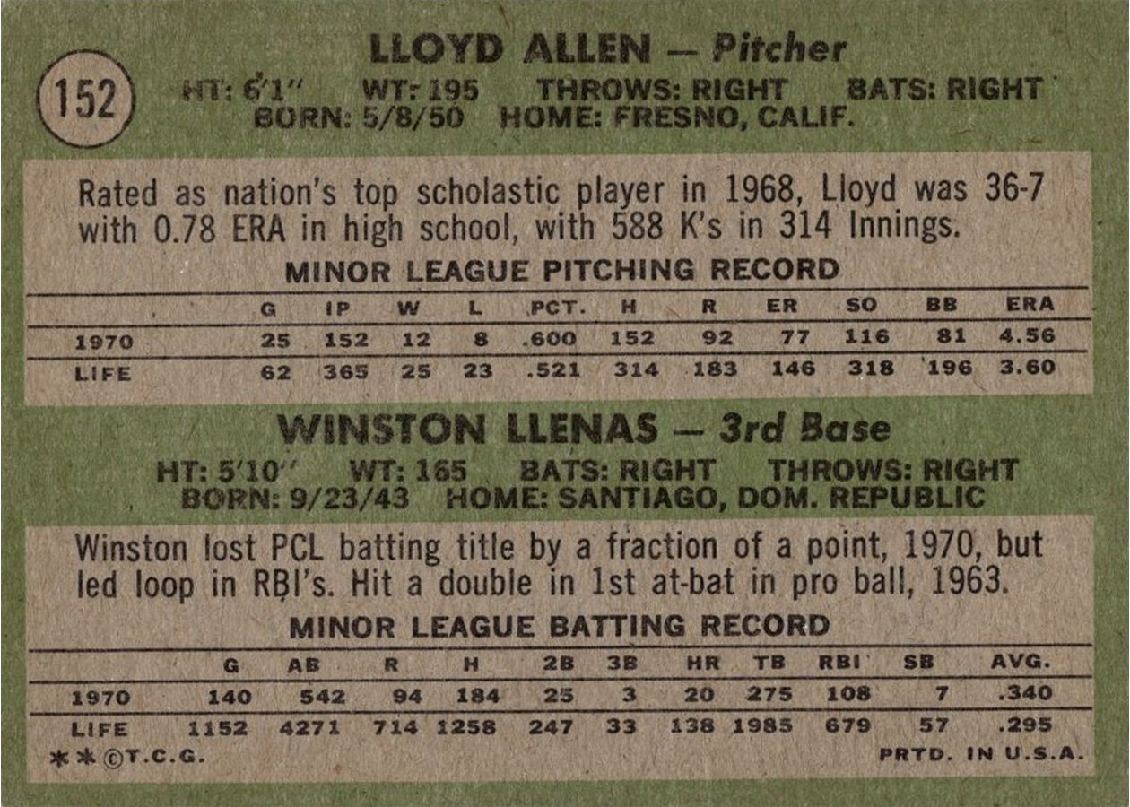1971 Topps #152 Angels 1971 Rookie Stars card back