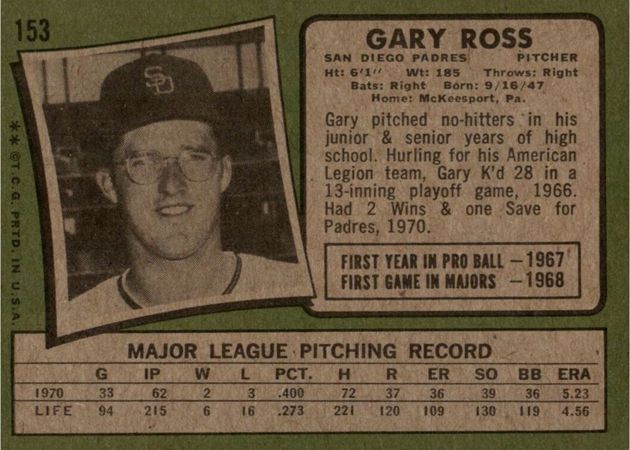 1971 Topps #153 Gary Ross card back