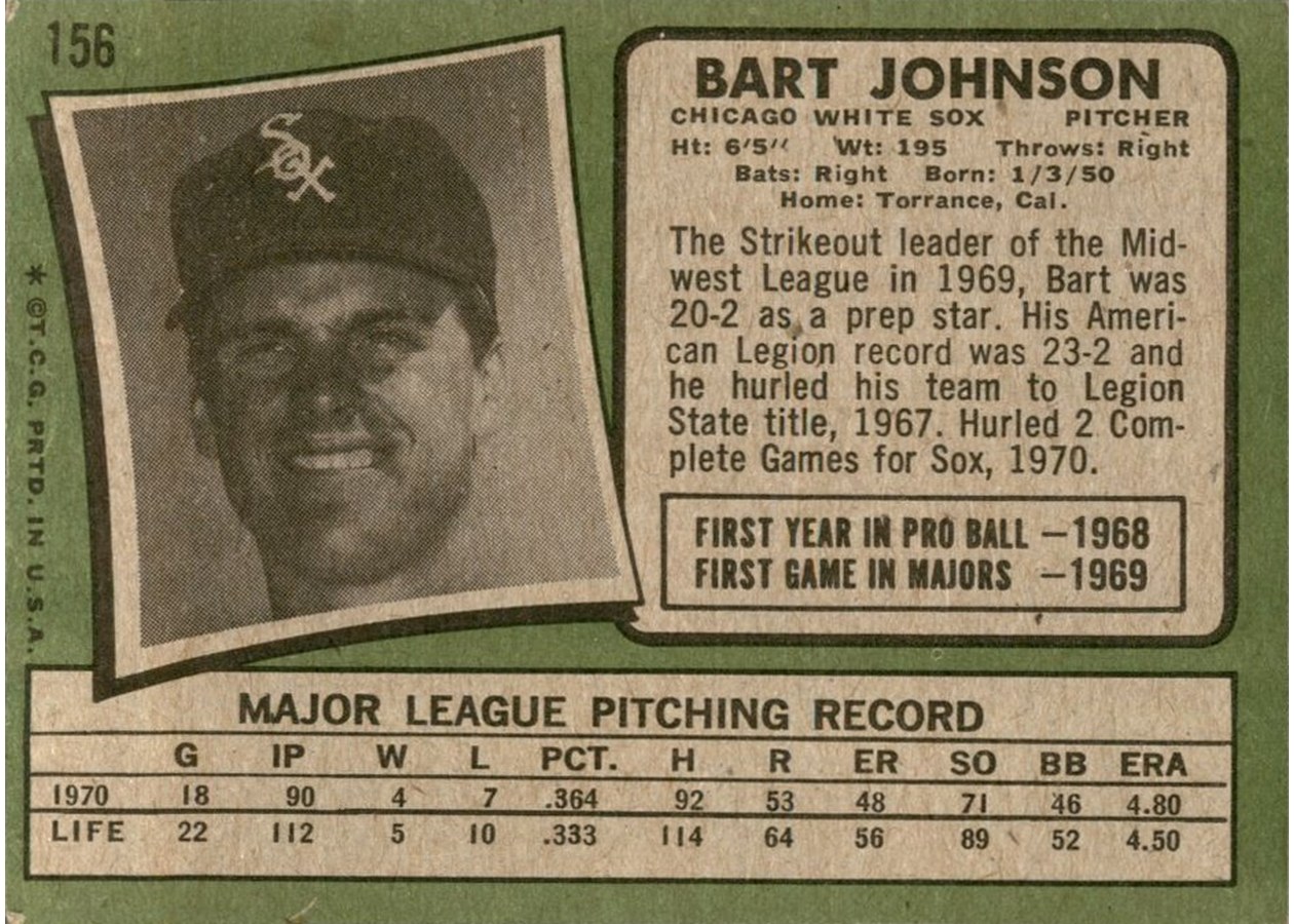 1971 Topps #156 Bart Johnson card back