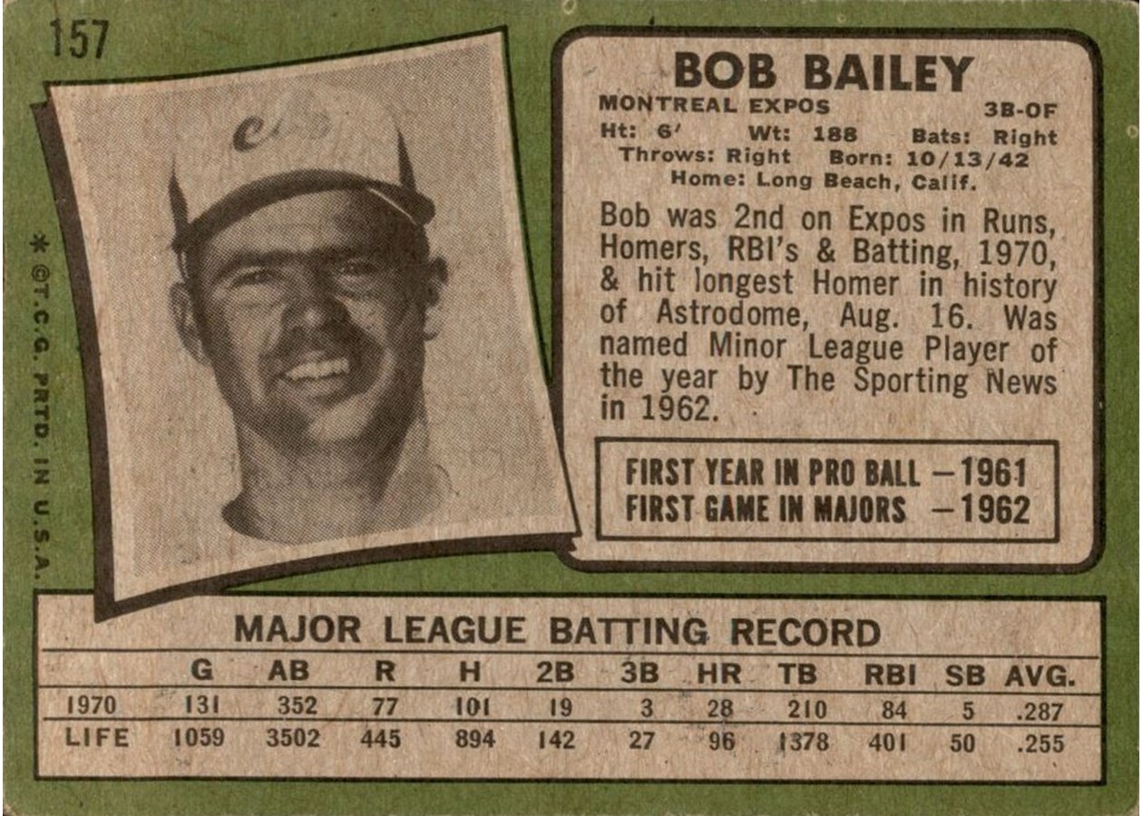 1971 Topps #157 Bob Bailey card back
