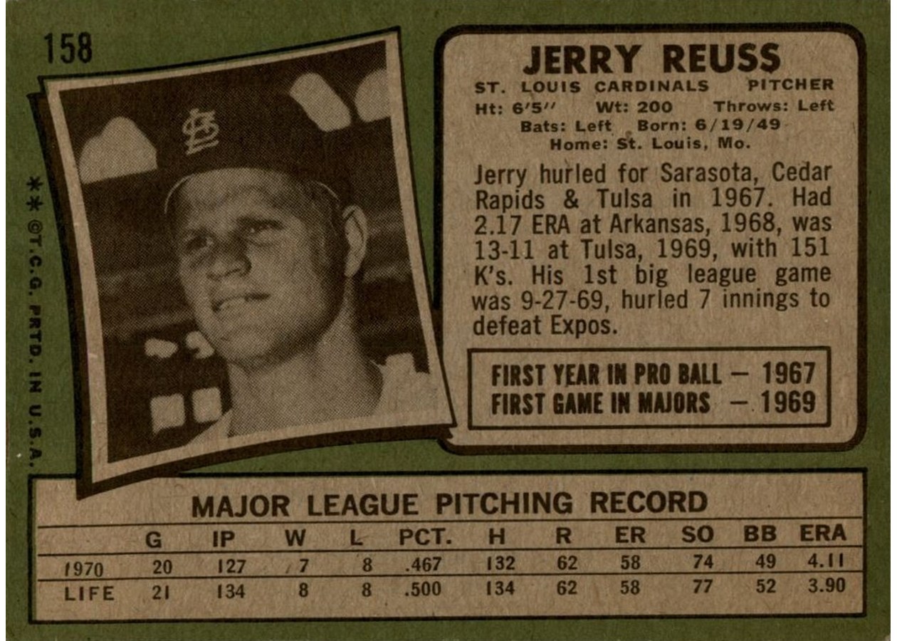 1971 Topps #158 Jerry Reuss card back