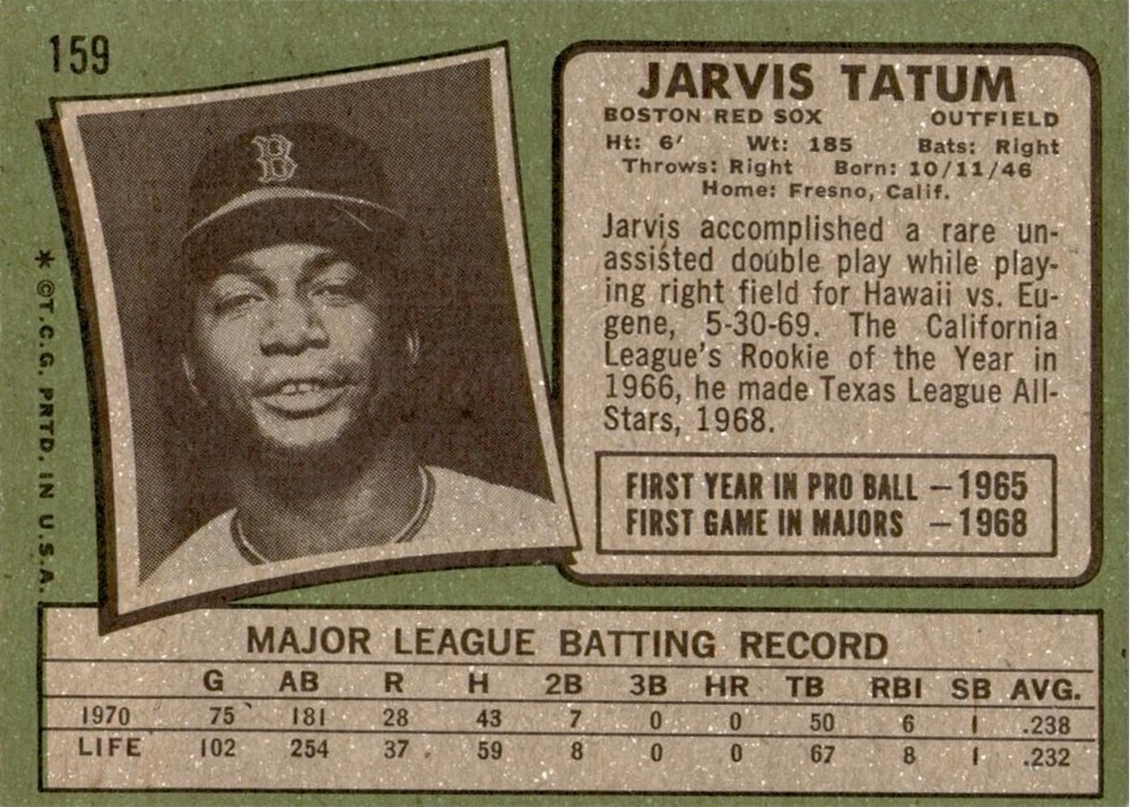 1971 Topps #159 Jarvis Tatum card back