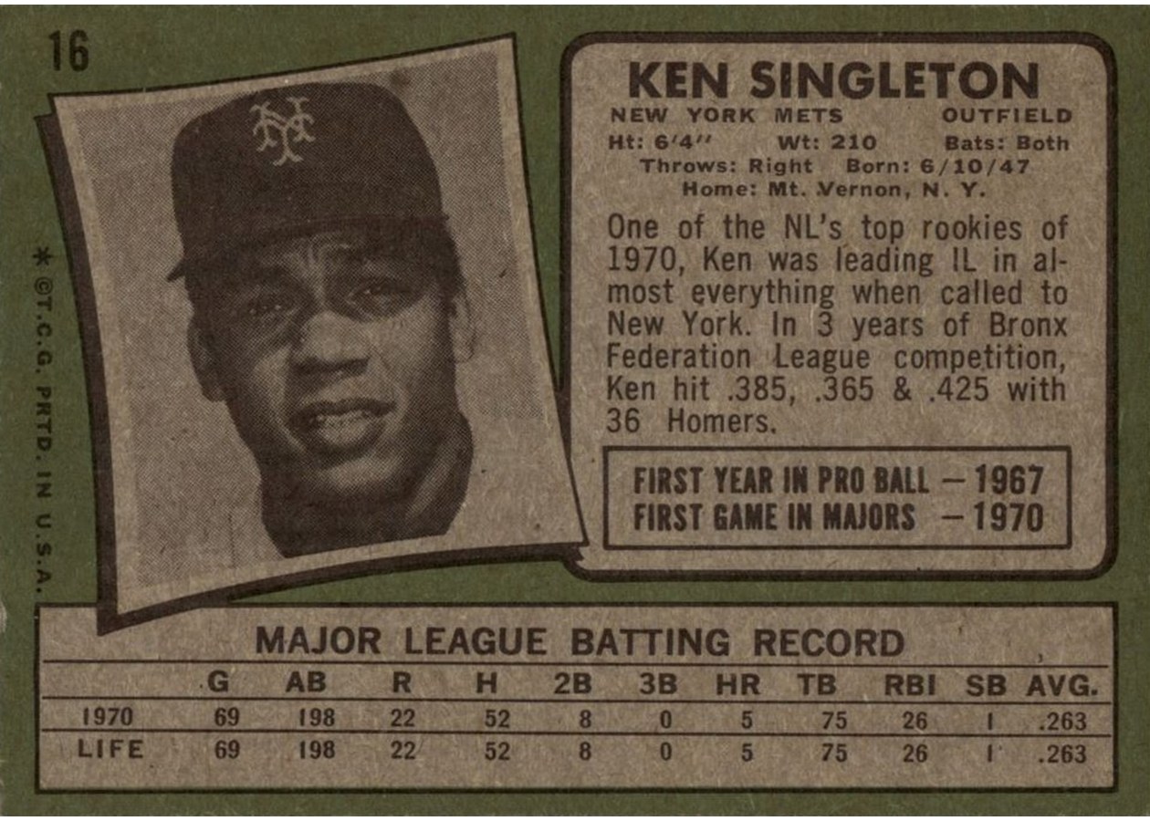 1971 Topps #16 Ken Singleton card back