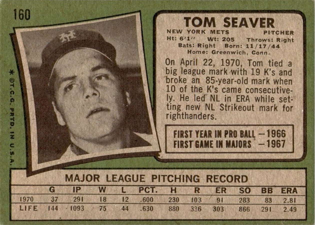1971 Topps #160 Tom Seaver card back