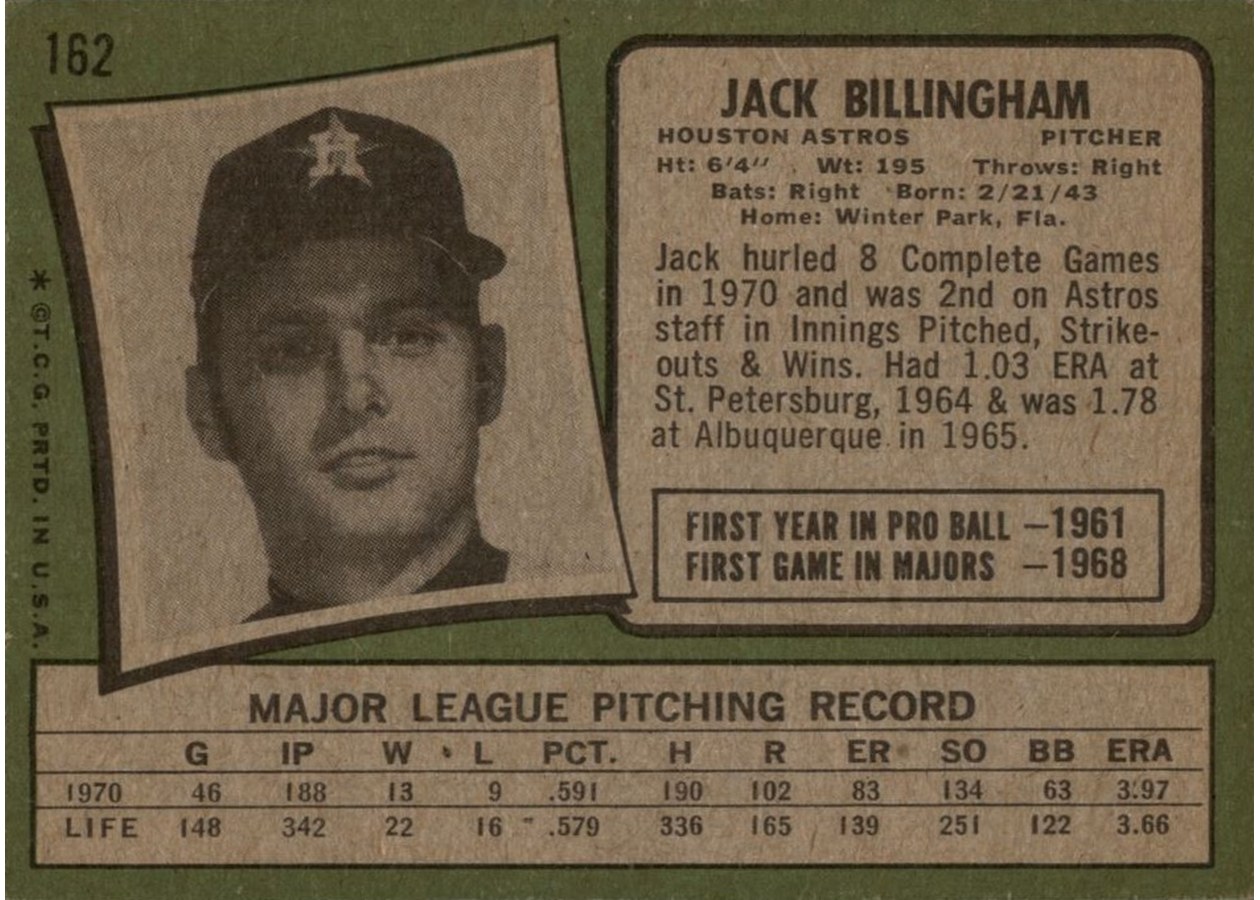 1971 Topps #162 Jack Billingham card back