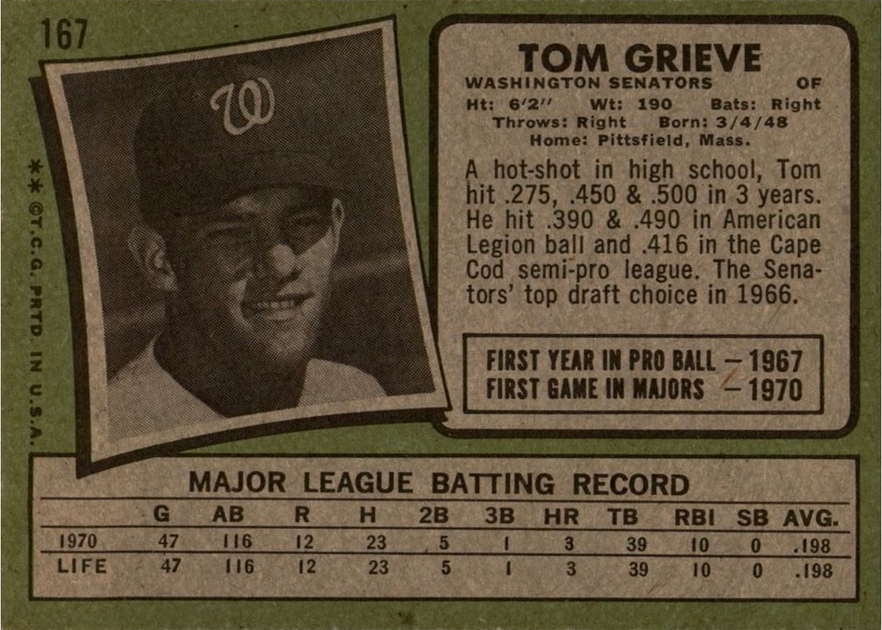 1971 Topps #167 Tom Grieve card back