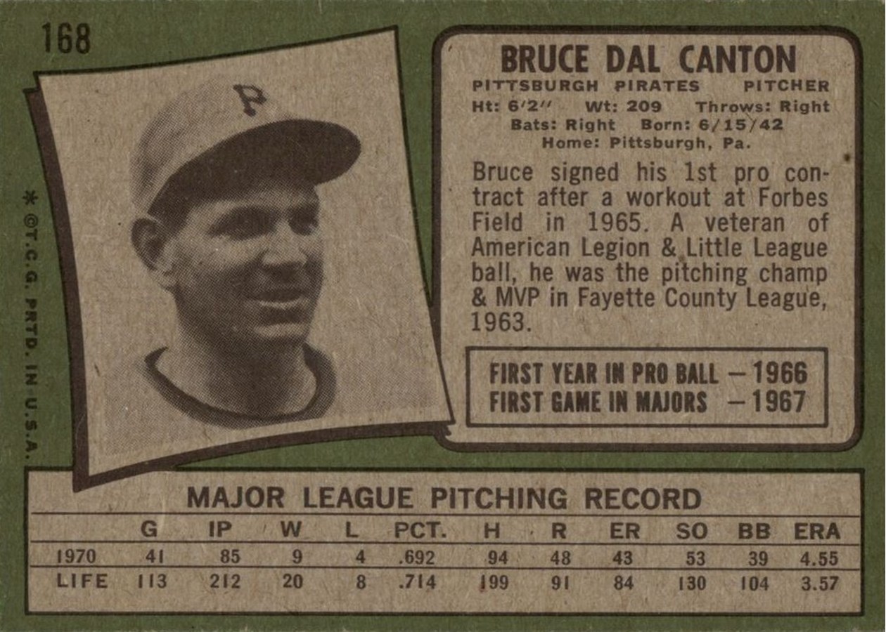 1971 Topps #168 Bruce Dal Canton card back