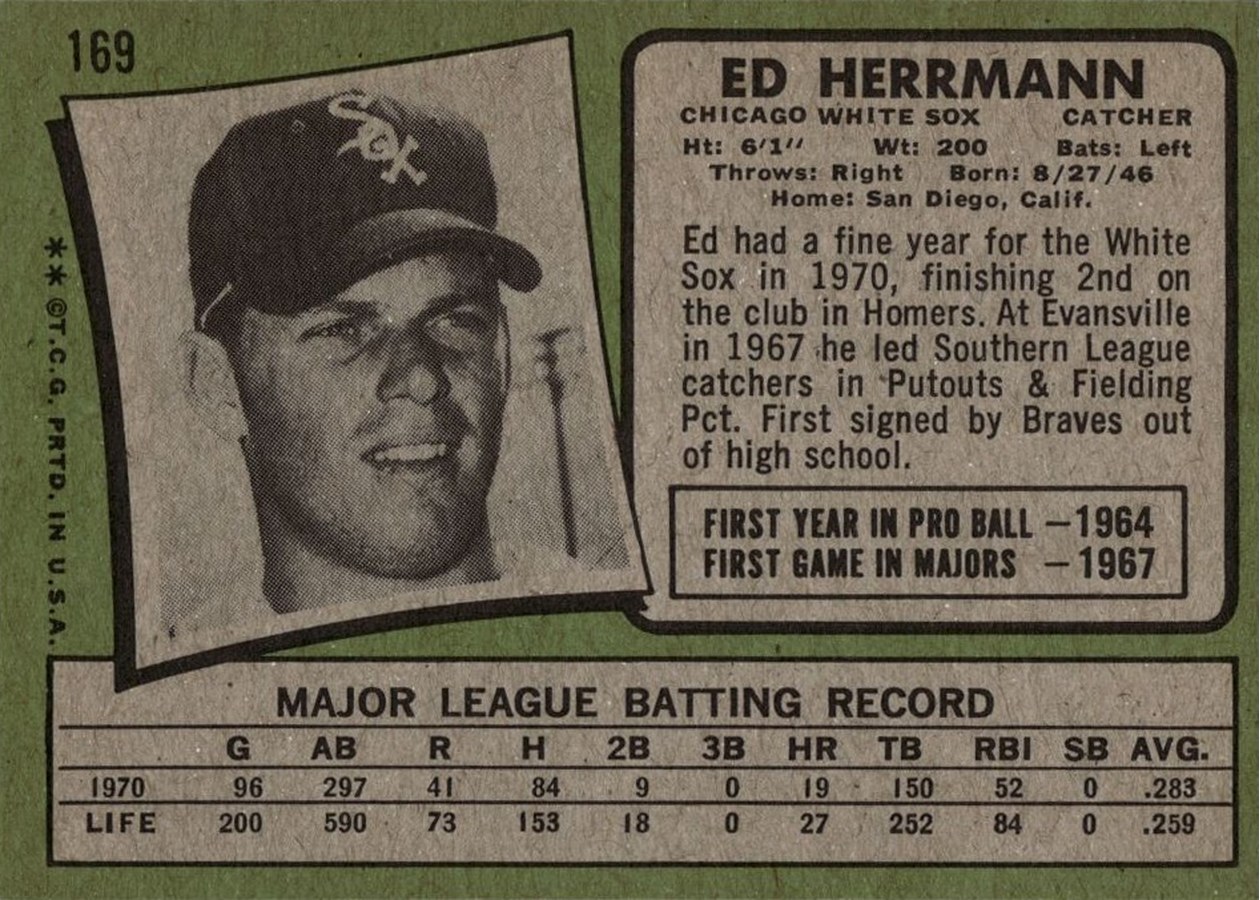 1971 Topps #169 Ed Herrmann card back