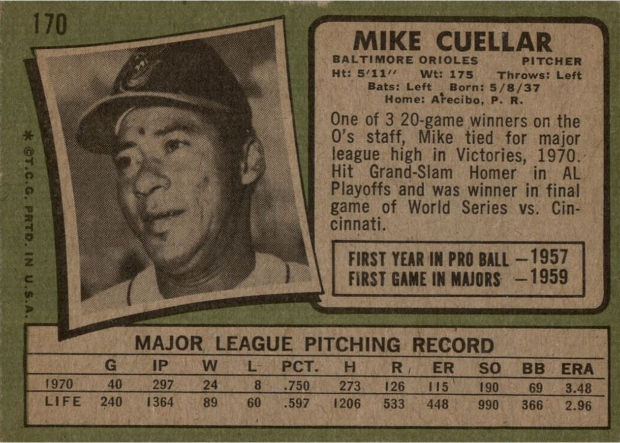 1971 Topps #170 Mike Cuellar card back