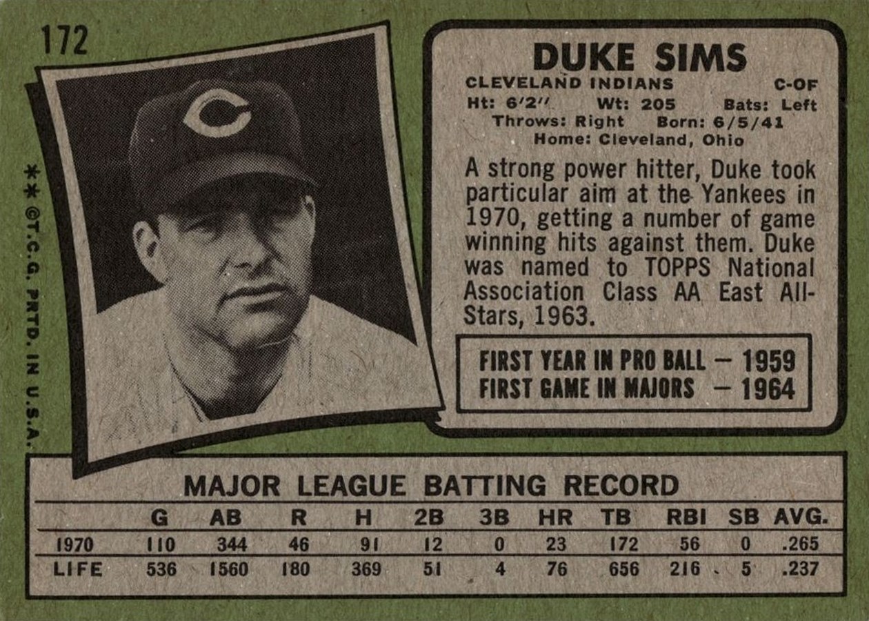 1971 Topps #172 Duke Sims card back