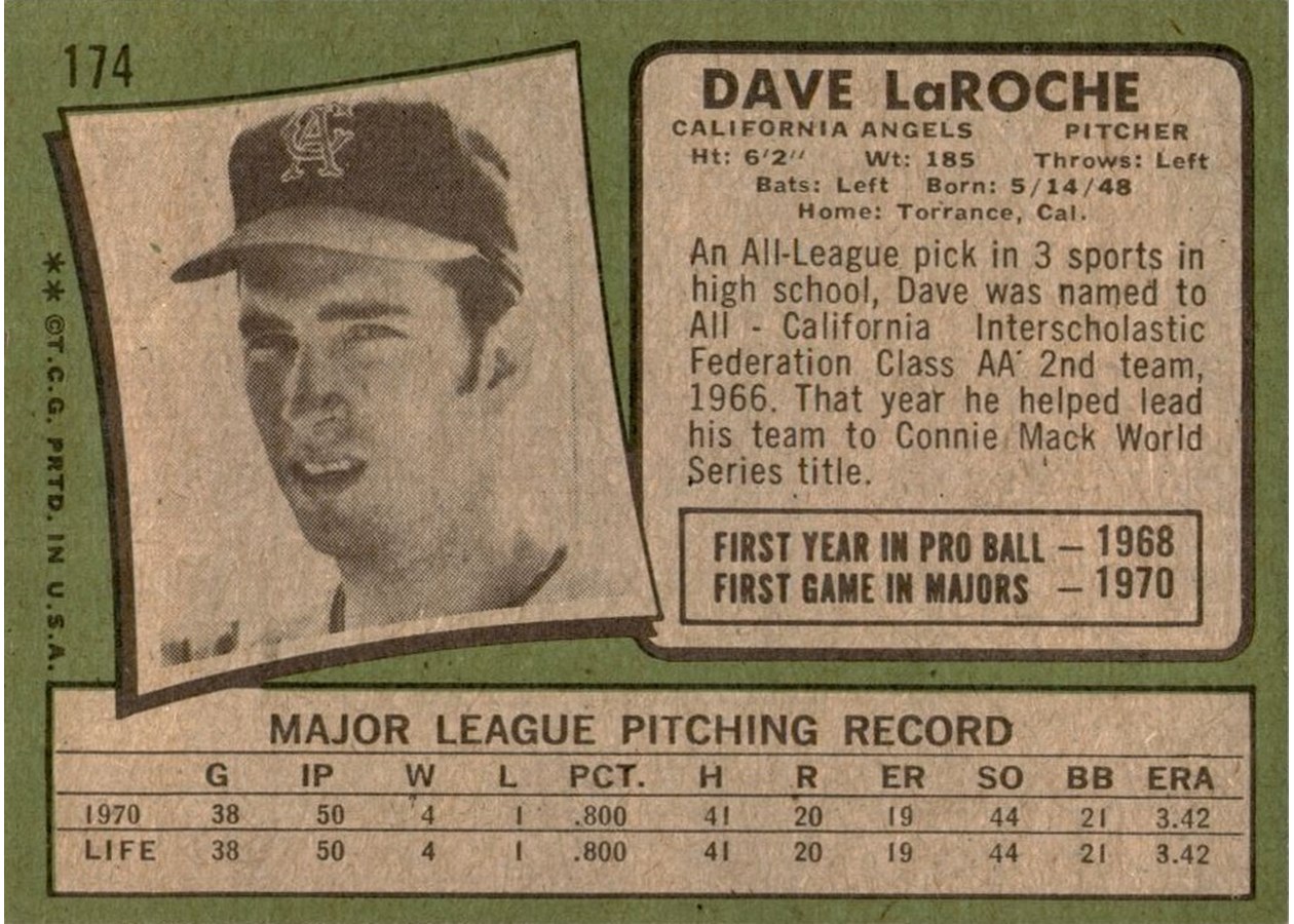 1971 Topps #174 Dave LaRoche card back
