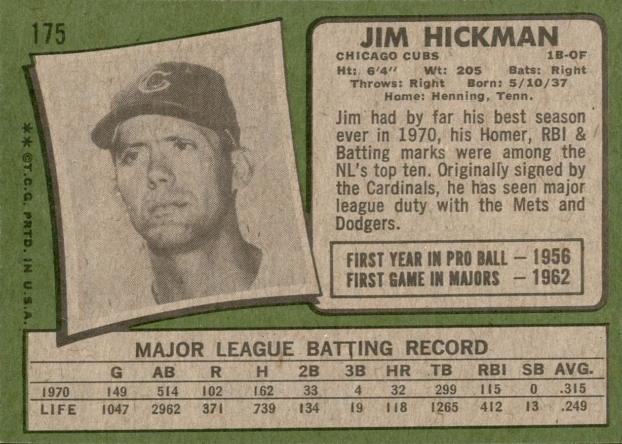 1971 Topps #175 Jim Hickman card back