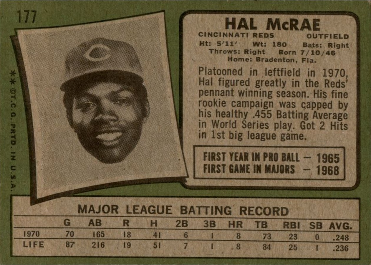 1971 Topps #177 Hal McRae card back