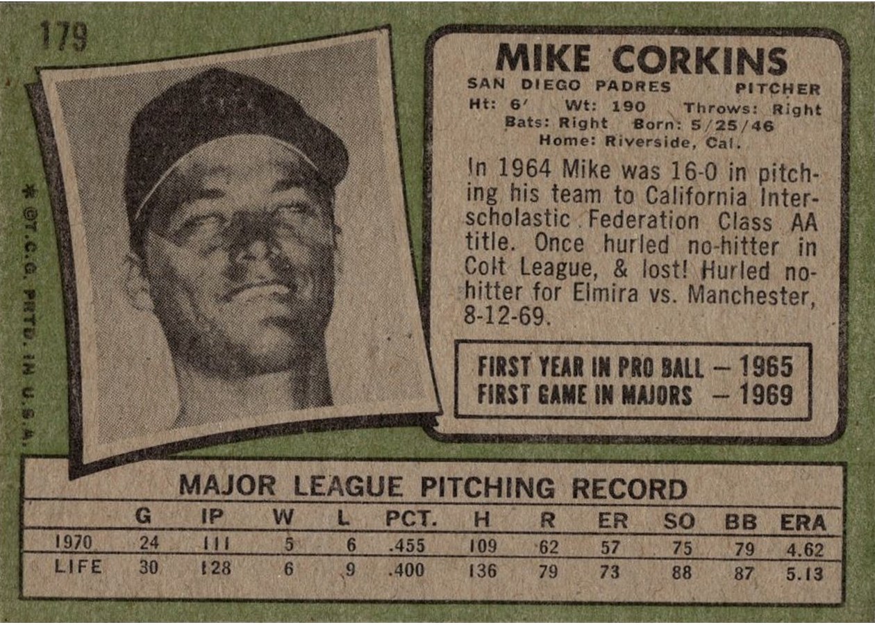 1971 Topps #179 Mike Corkins card back
