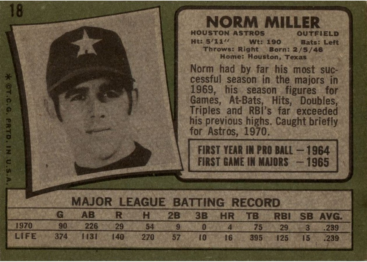 1971 Topps #18 Norm Miller card back