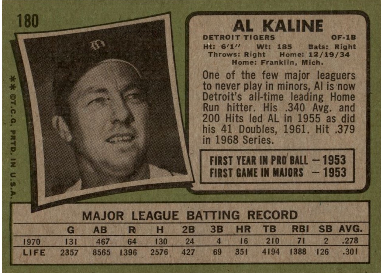 1971 Topps #180 Al Kaline card back