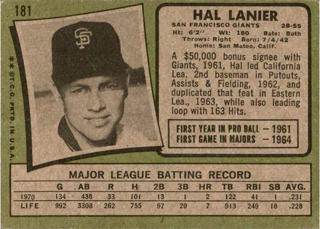 1971 Topps #181 Hal Lanier card back