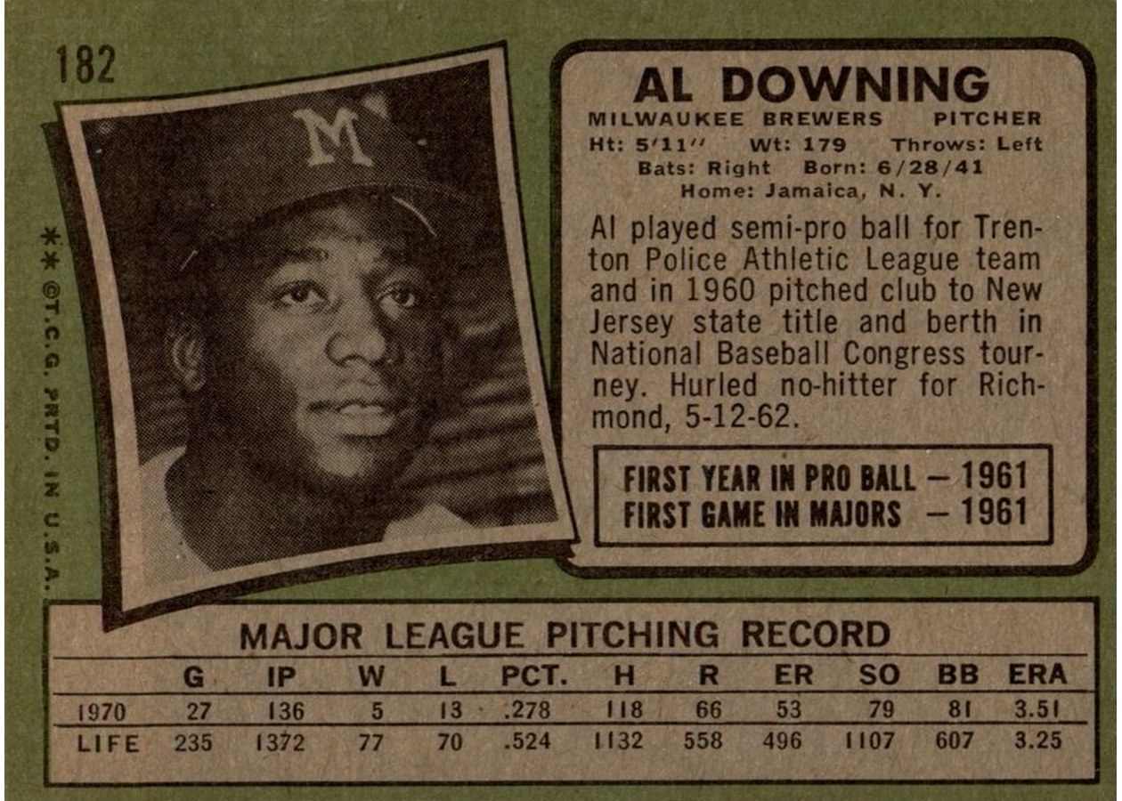 1971 Topps #182 Al Downing card back