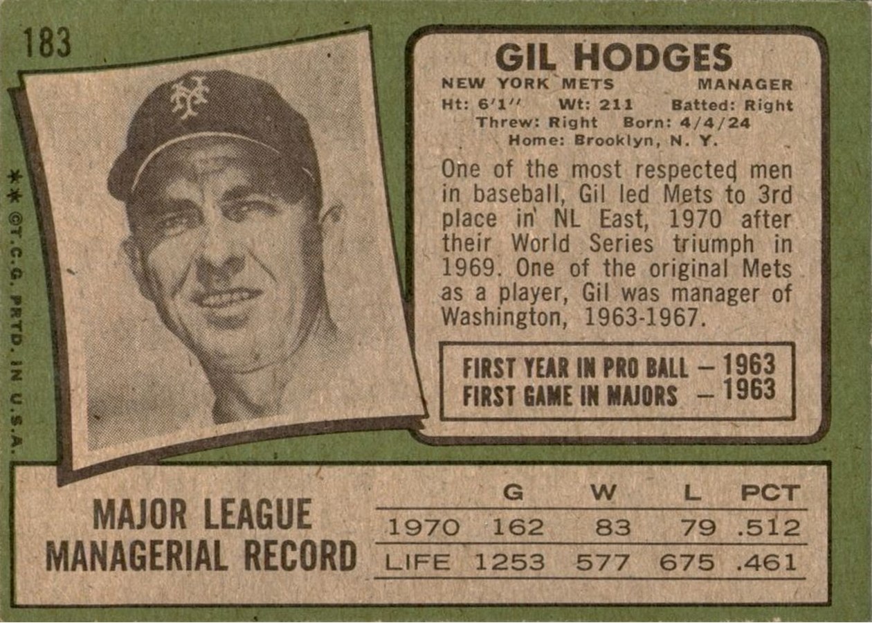 1971 Topps #183 Gil Hodges card back
