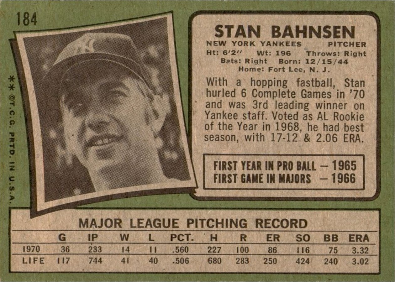 1971 Topps #184 Stan Bahnsen card back