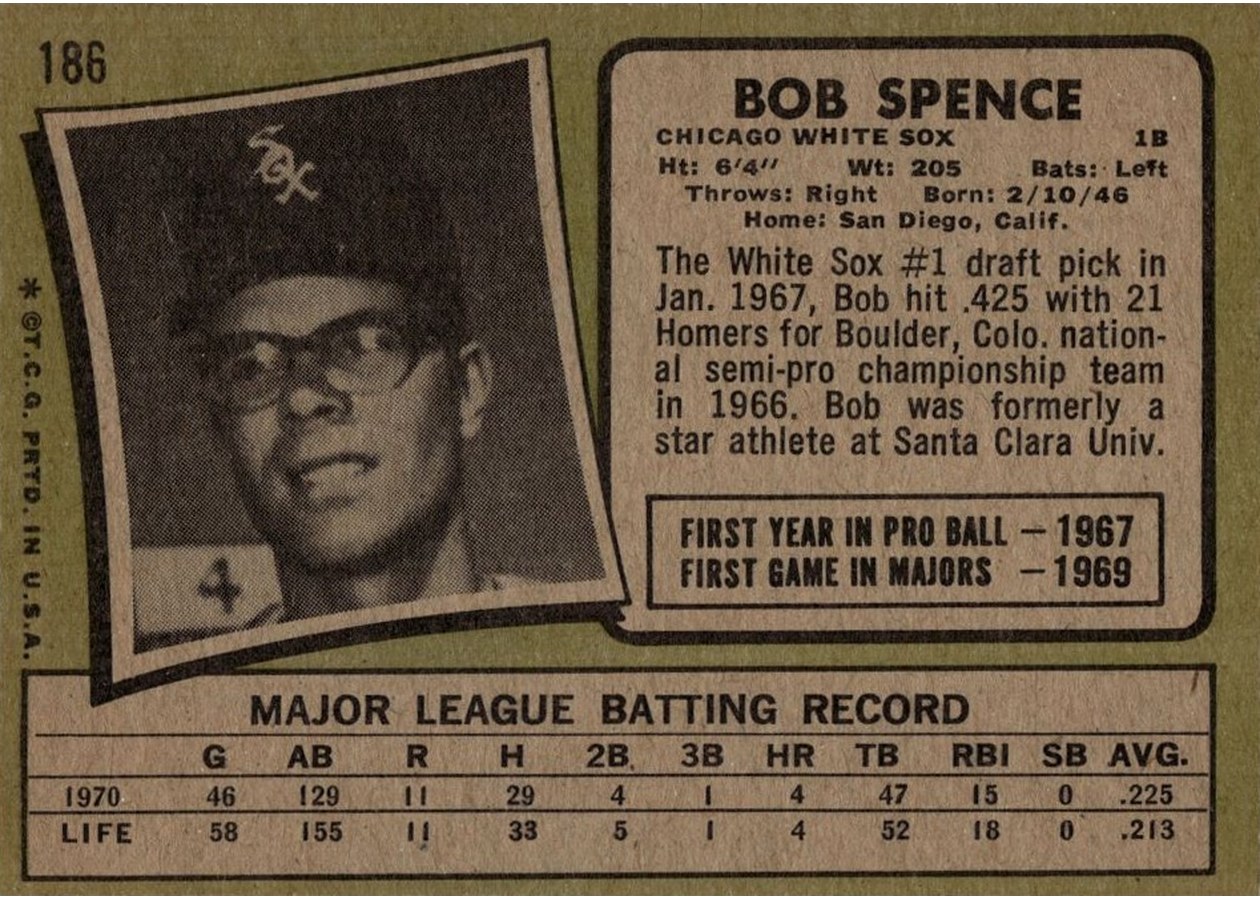 1971 Topps #186 Bob Spence card back
