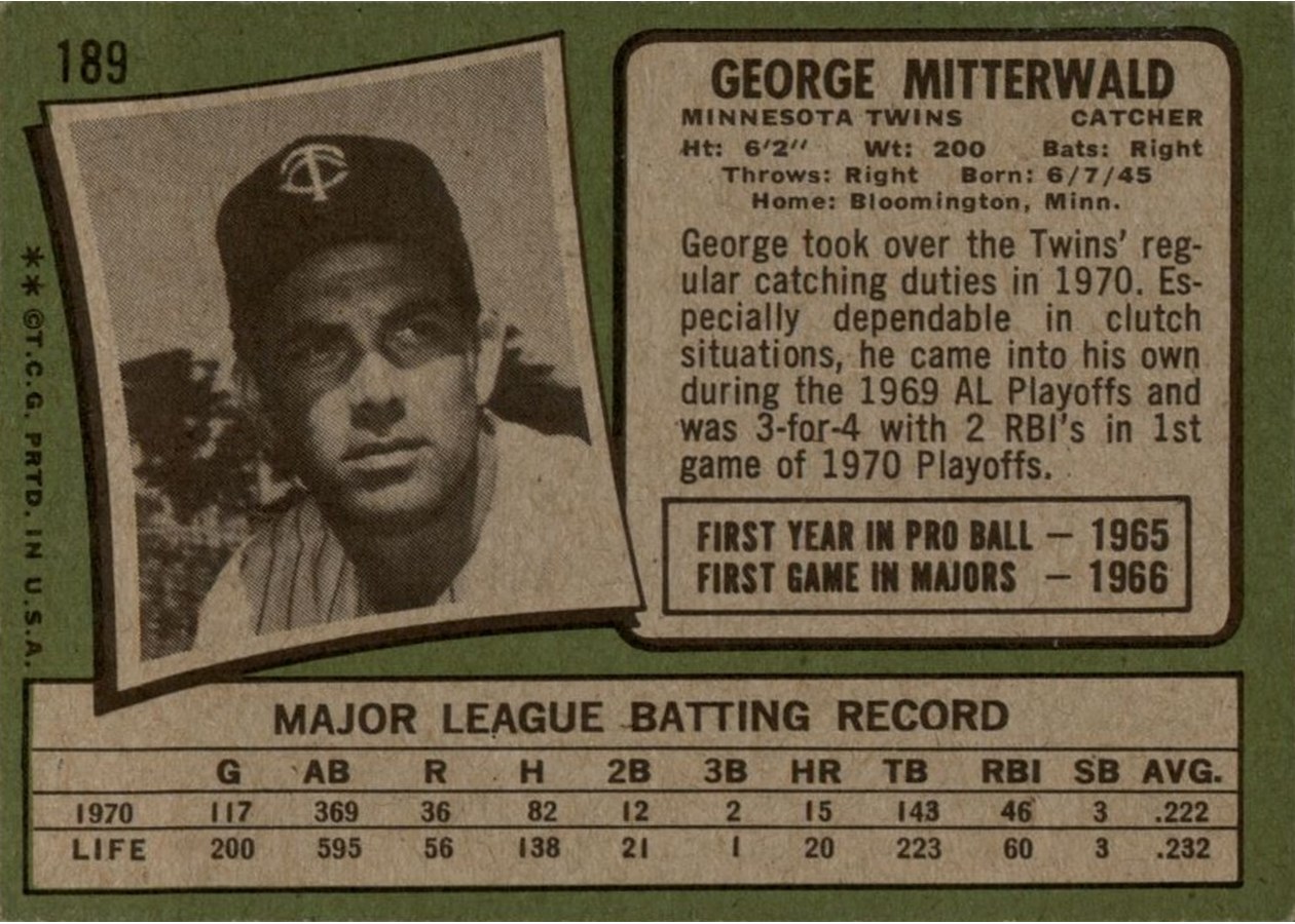 1971 Topps #189 George Mitterwald card back