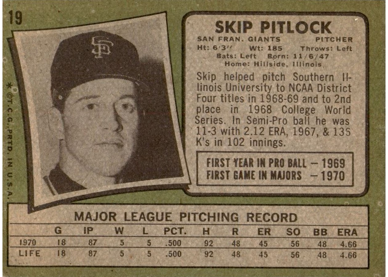 1971 Topps #19 Skip Pitlock card back