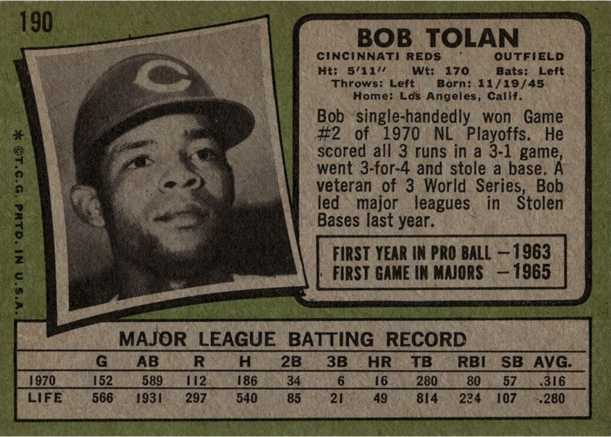 1971 Topps #190 Bob Tolan card back