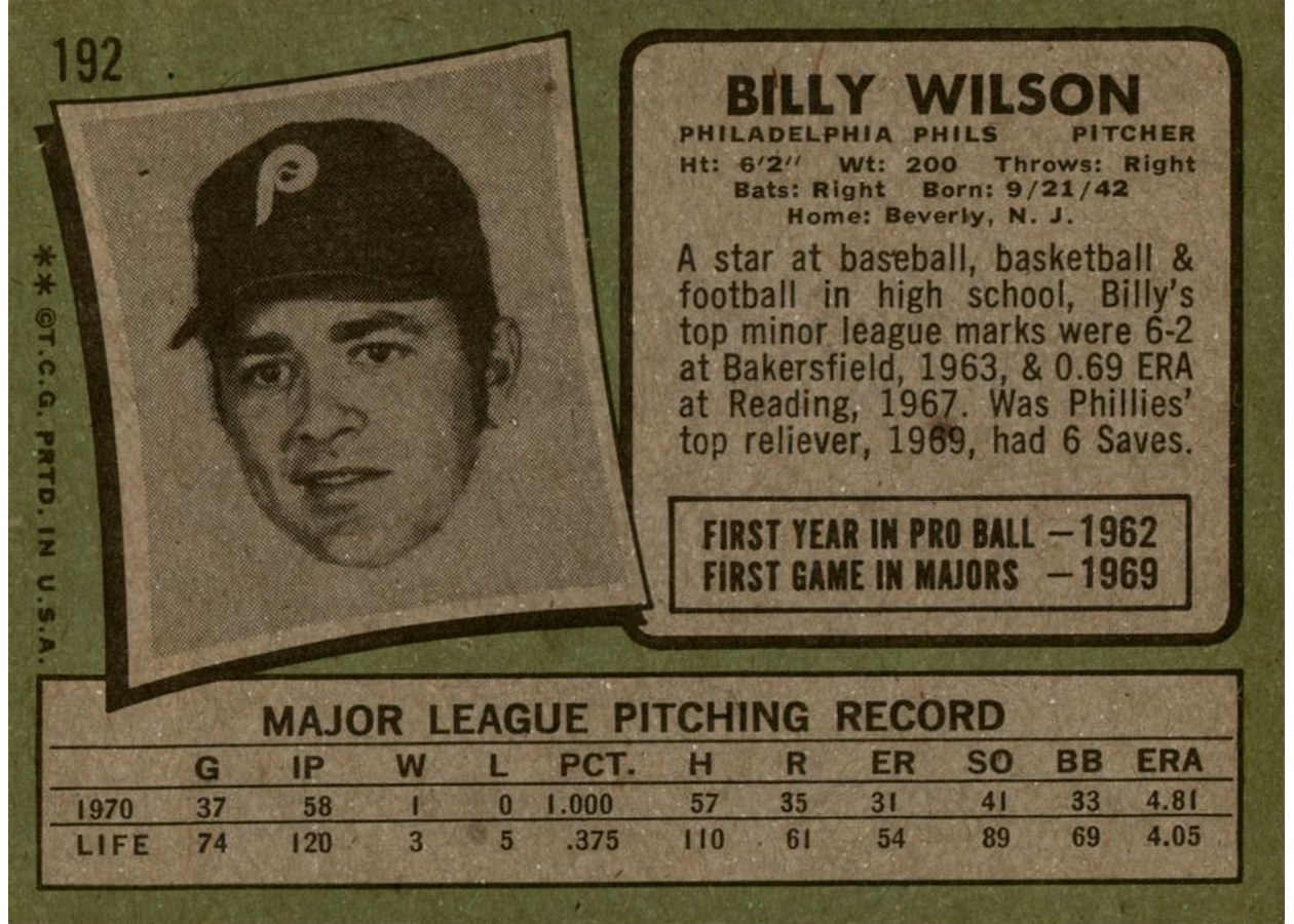 1971 Topps #192 Billy Wilson card back