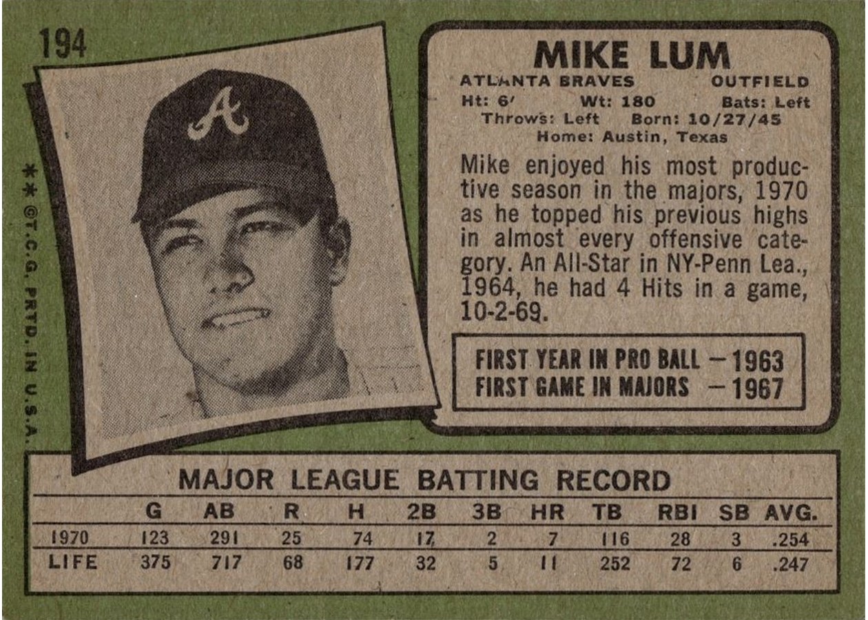 1971 Topps #194 Mike Lum card back