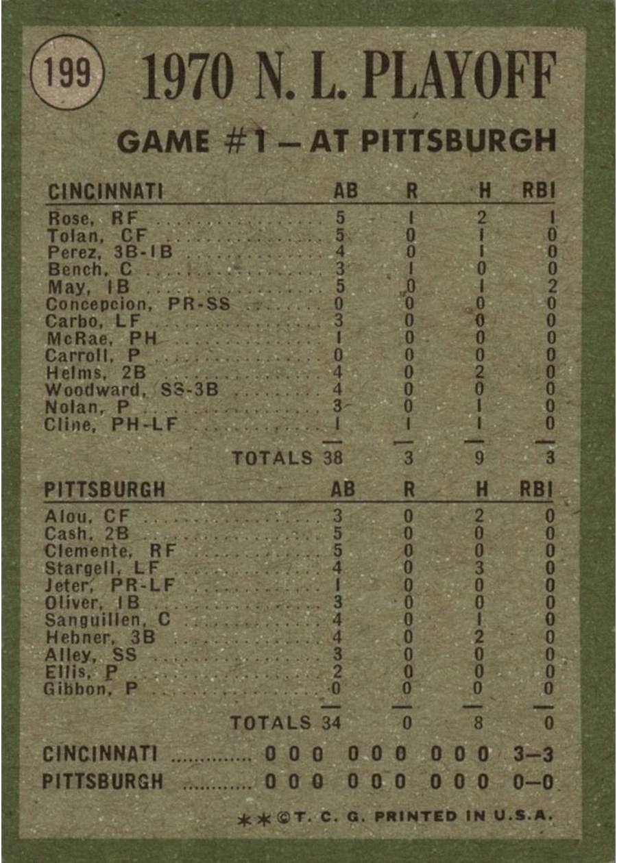 1971 Topps #199 1970 N.L. Playoffs Game 1: Cline Pinch-Triple Decides It! card back