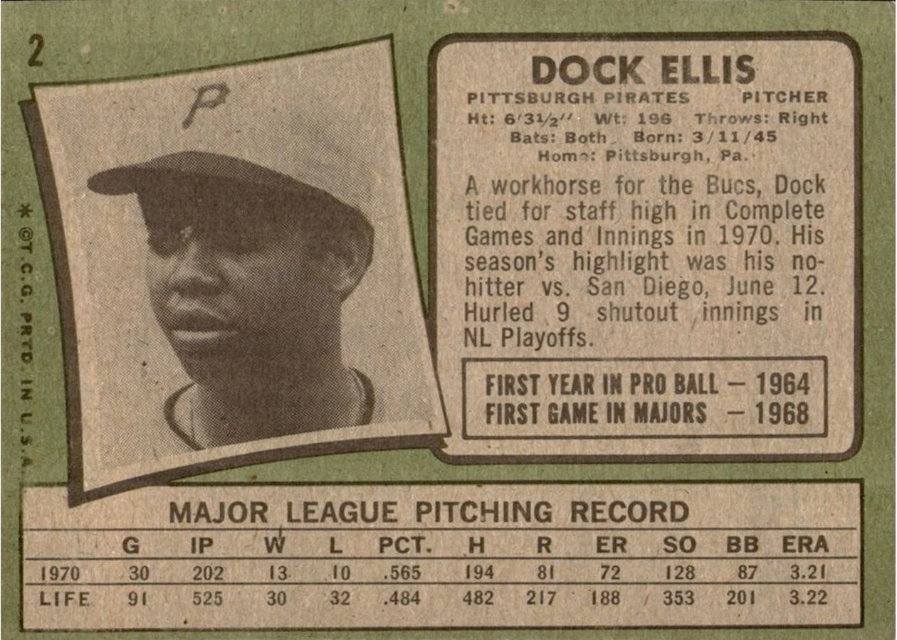 1971 Topps #2 Dock Ellis card back