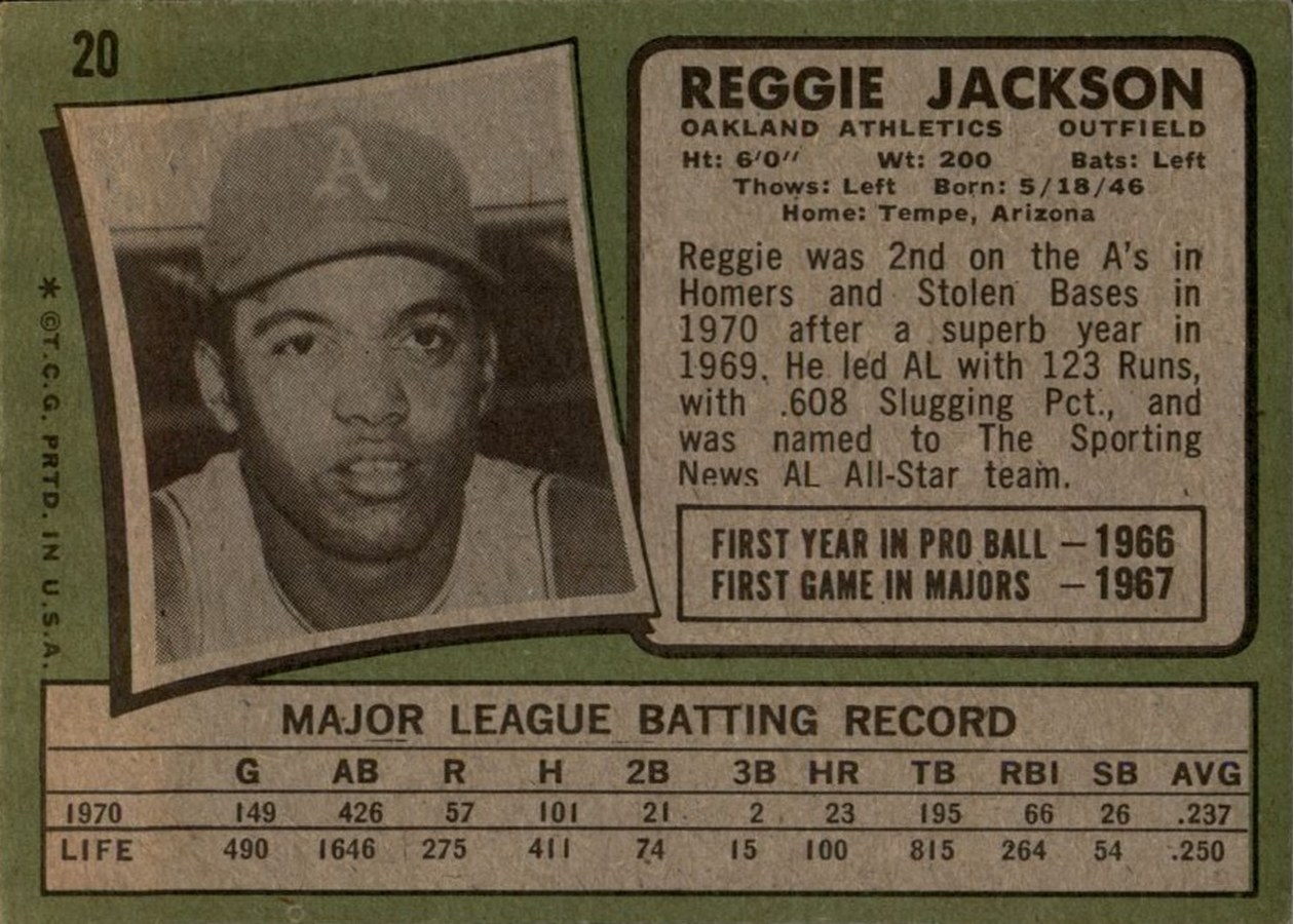 1971 Topps #20 Reggie Jackson card back