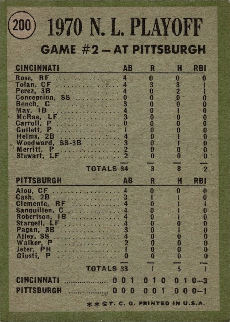 1971 Topps #200 1970 N.L. Playoffs Game 2: Tolan Scores For Third Time! card back