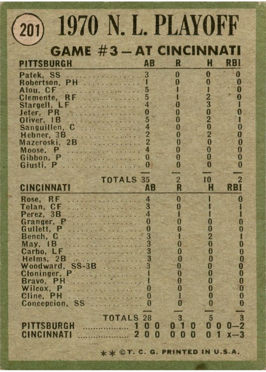 1971 Topps #201 1970 N.L. Playoffs Game 3: Cline Scores Winning Run! card back
