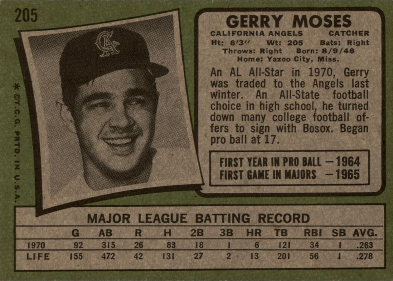 1971 Topps #205 Gerry Moses card back