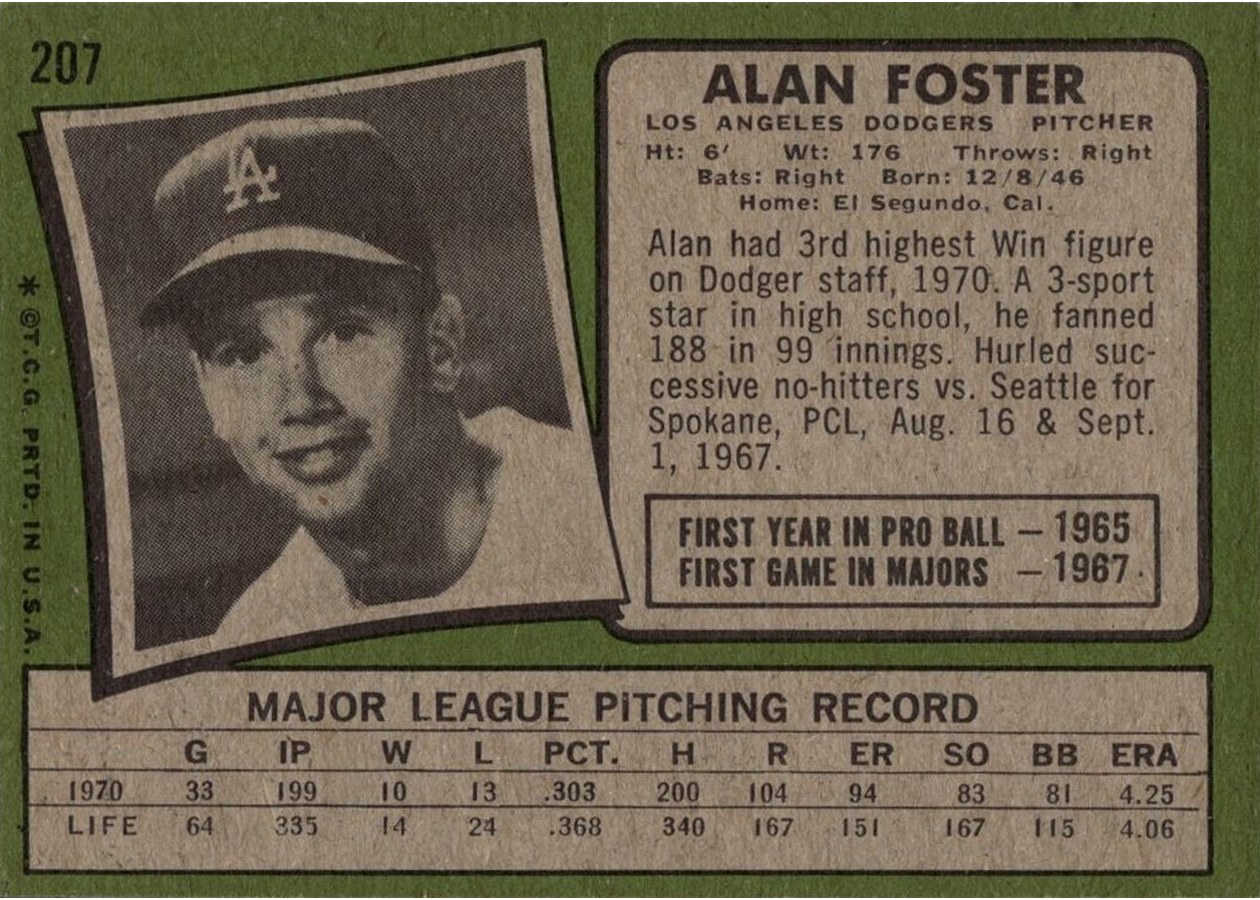 1971 Topps #207 Alan Foster card back