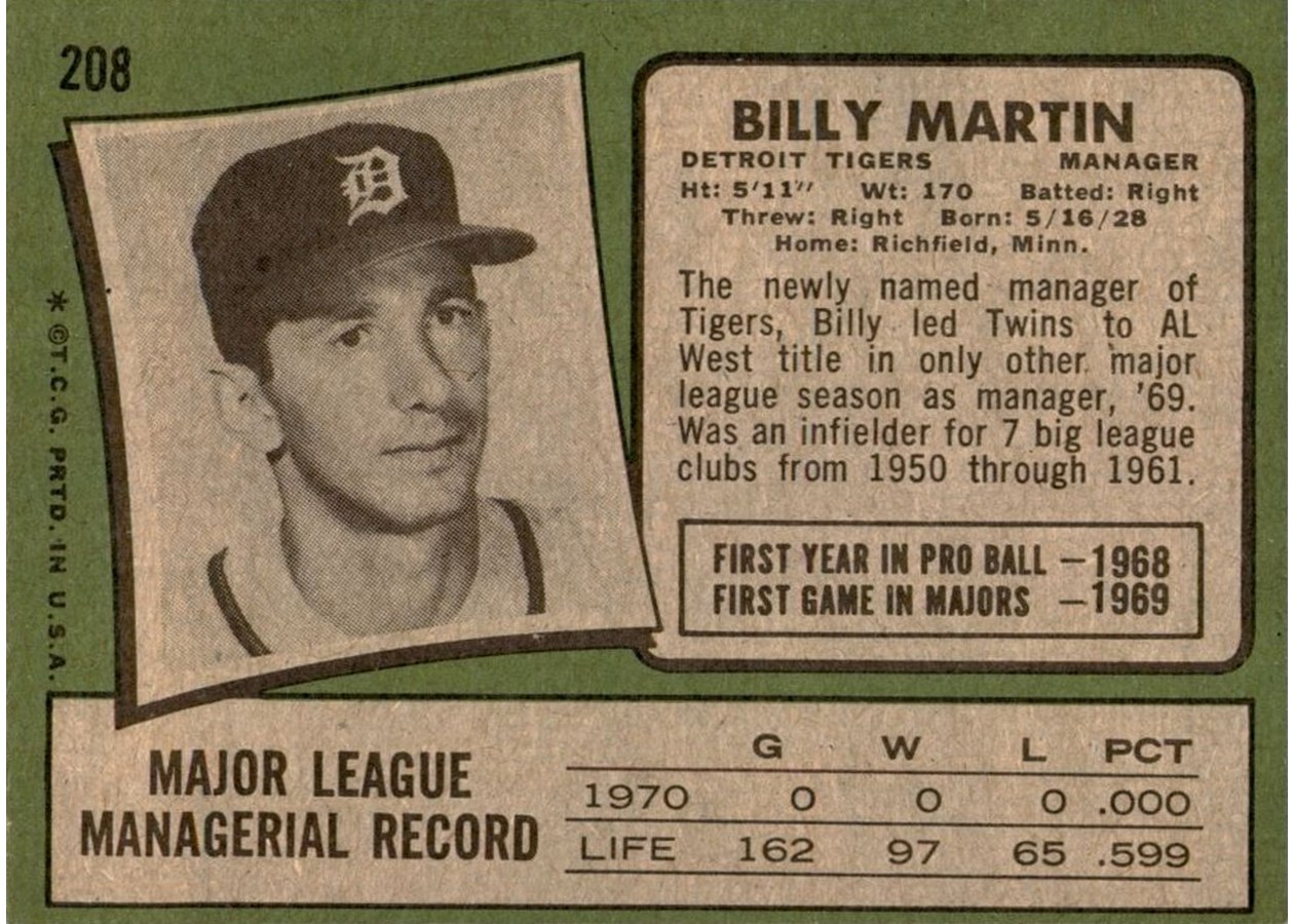 1971 Topps #208 Billy Martin card back