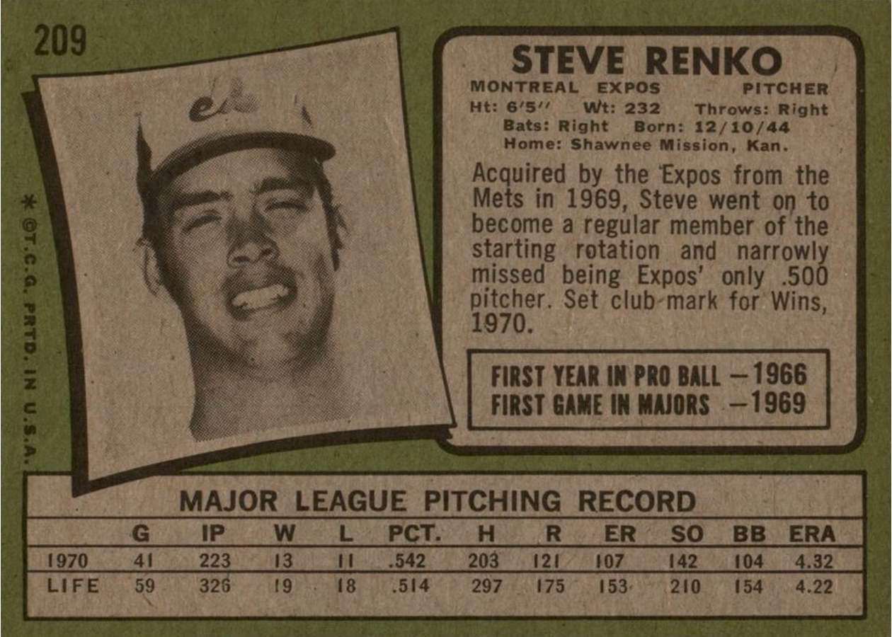 1971 Topps #209 Steve Renko card back