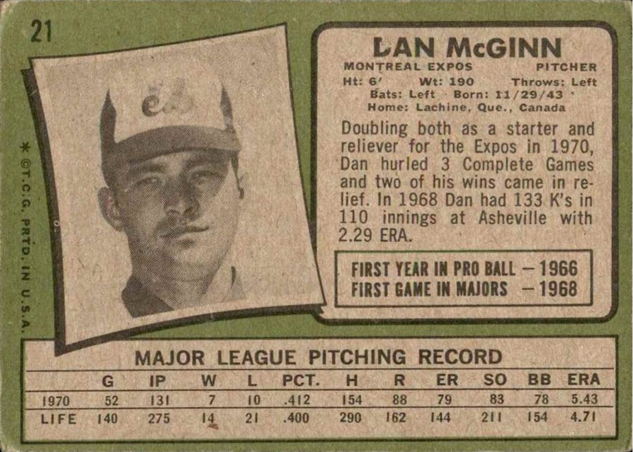 1971 Topps #21 Dan McGinn card back